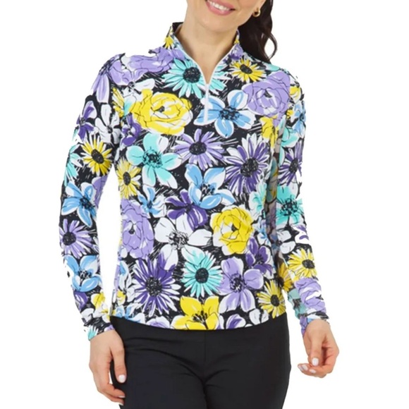 IBKUL Women's Medeline Print Long Sleeve Mock Neck Quarter Zip Top, size M - Picture 1 of 9